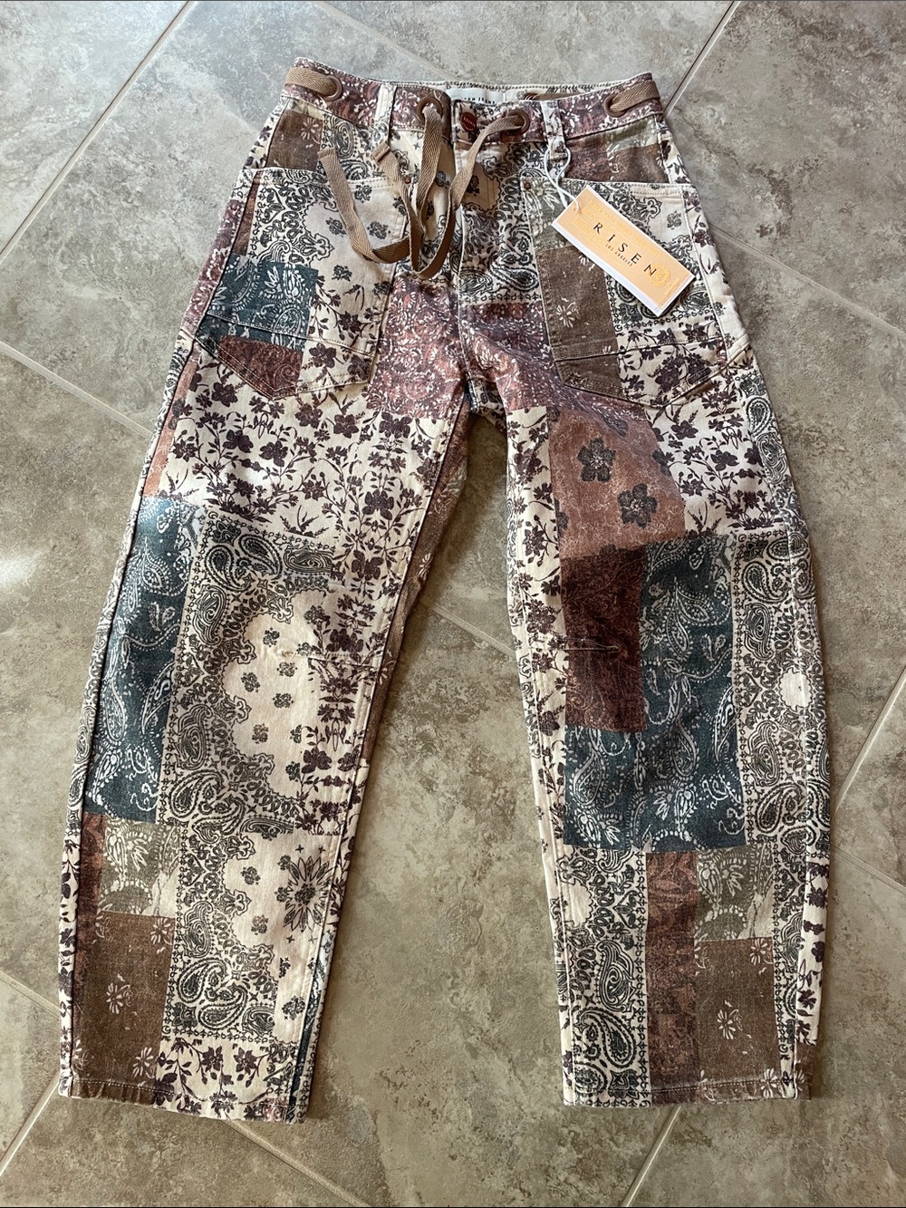 Risen Patchwork Boyfriend Jeans in Brown & Green